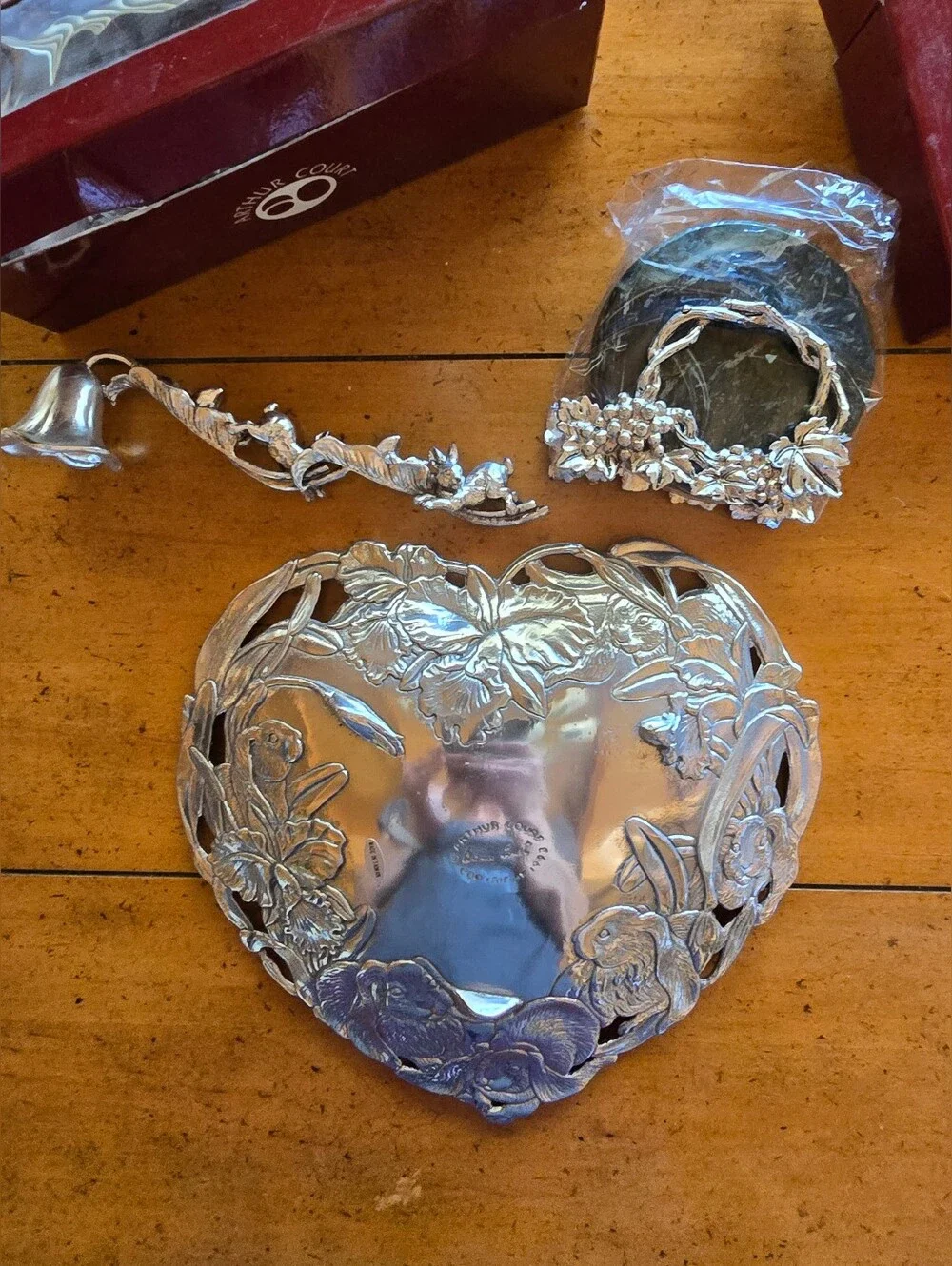 Vintage 1990s New Arthur Court Pewter Rabbit Theme Bowl, Coaster & Candle Snuff